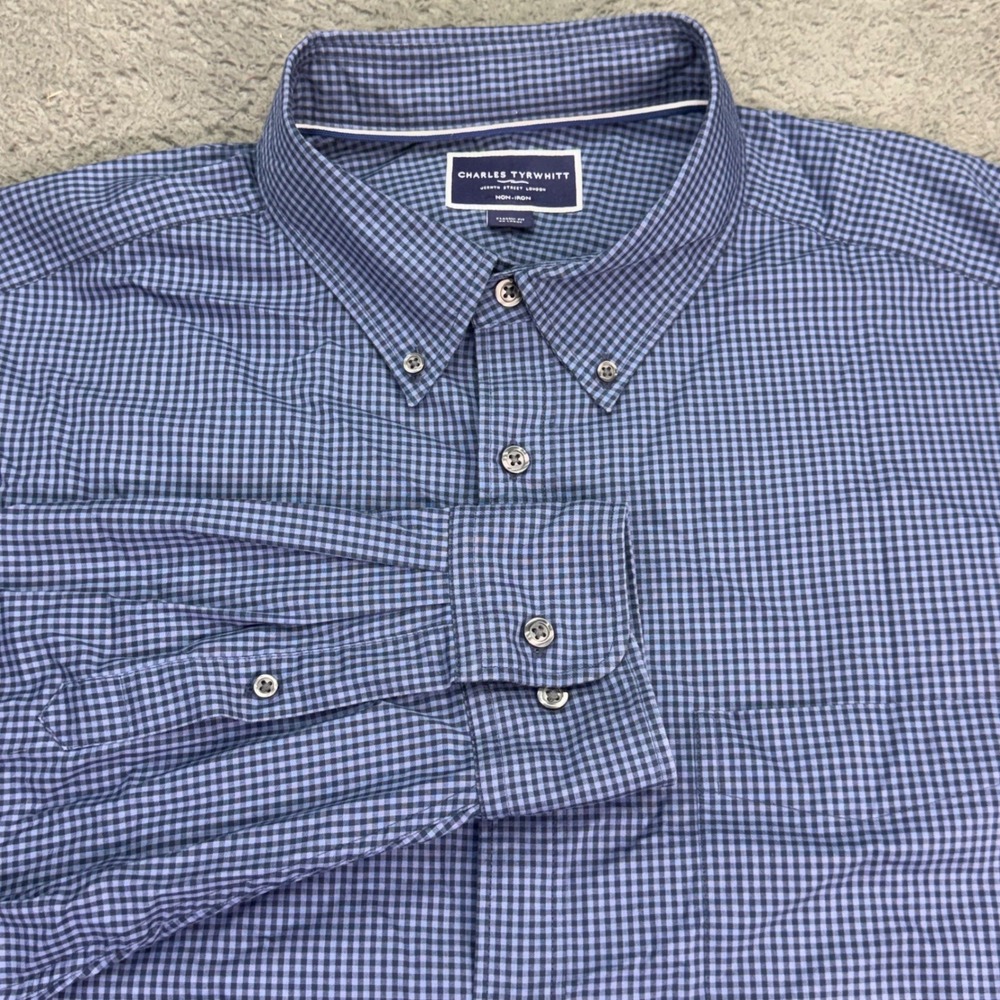 Charles Tyrwhitt Dress Shirt Mens XXL Blue Gingham Check Non-Iron Classic Fit